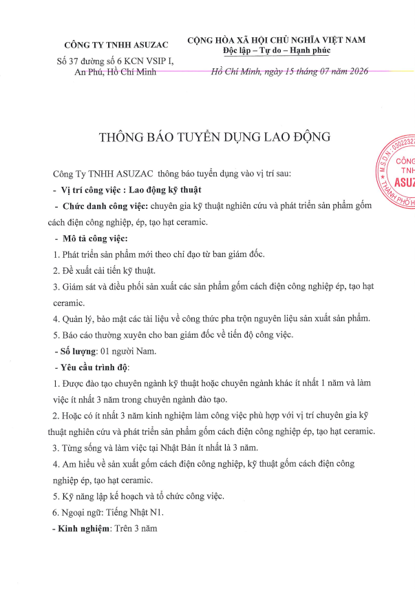 [ASUZAC] Thông tin tuyển dụng tháng 7 năm 2026