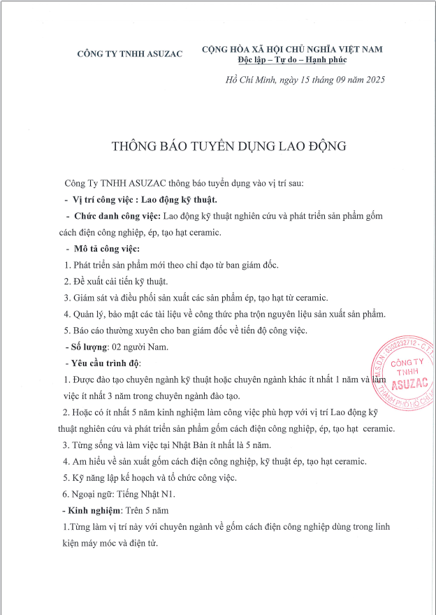 THÔNG TIN TUYỂN DỤNG | ASUZAC
